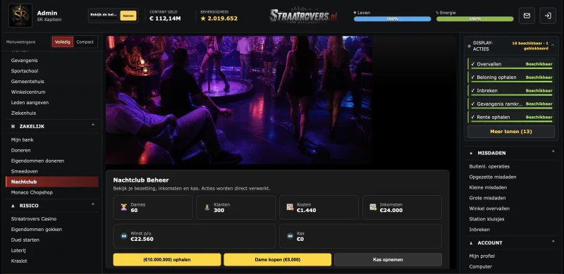 Screenshot van Nachtclub Beheer met klanten, kosten, inkomsten en de kas.