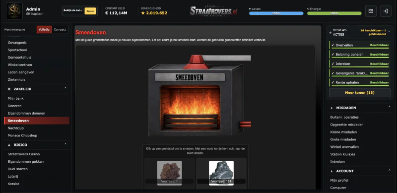 Screenshot van de Smeedoven met grondstoffen en de oven waarmee je nieuwe eigendommen maakt.