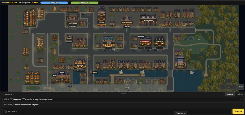 Screenshot van de Straatrovers-spelwereld met de bank, winkels, gevangenis en andere locaties.